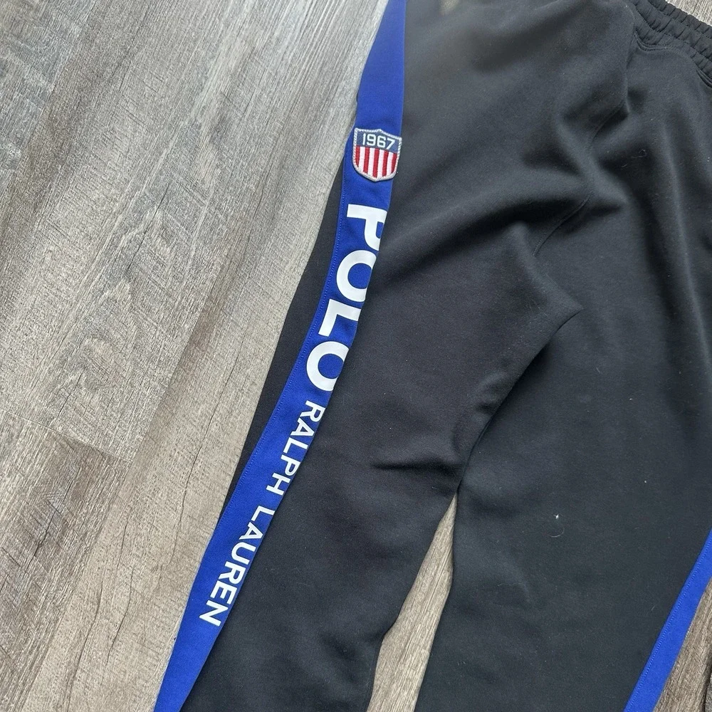 Polo Ralph Lauren 1967 Black Blue Track Racing Jogger‎ Sweatpants Men's Size M